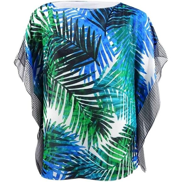Calvin Klein Womens Plus Palm Print Striped Poncho Top - Picture 1 of 7